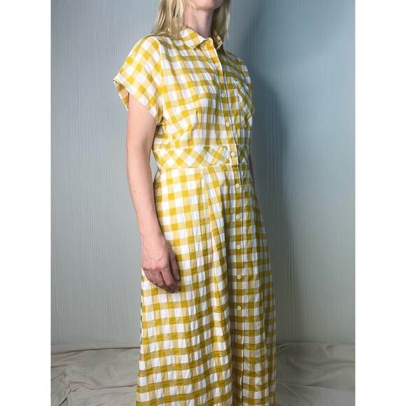 WHISTLES Illana Checkered Mustard & Cream Maxi Shirt Dress US 8 - Picture 9 of 11